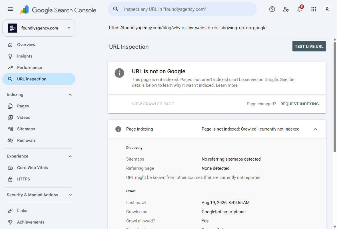 Google Search Console URL Inspection showing "URL is not on Google" and "Page is not indexed: Crawled - currently not indexed", with the last crawl date and Googlebot smartphone as the crawler
