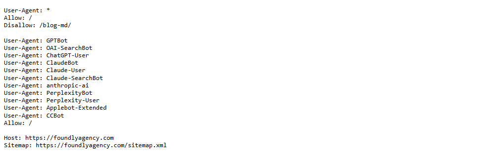 The robots.txt file at foundlyagency.com, showing User-Agent colon asterisk with Allow slash, one Disallow rule for slash blog-md slash, a list of AI crawler user agents all set to Allow, and the sitemap URL at the bottom