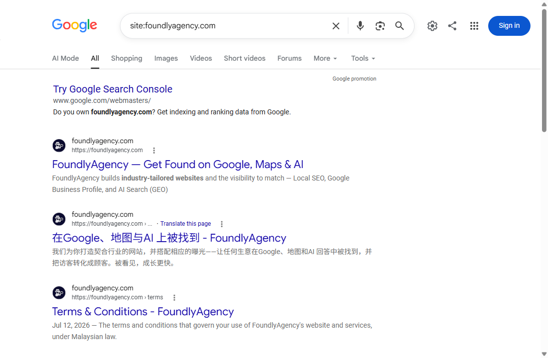 Google showing several indexed pages for a site: search on foundlyagency.com