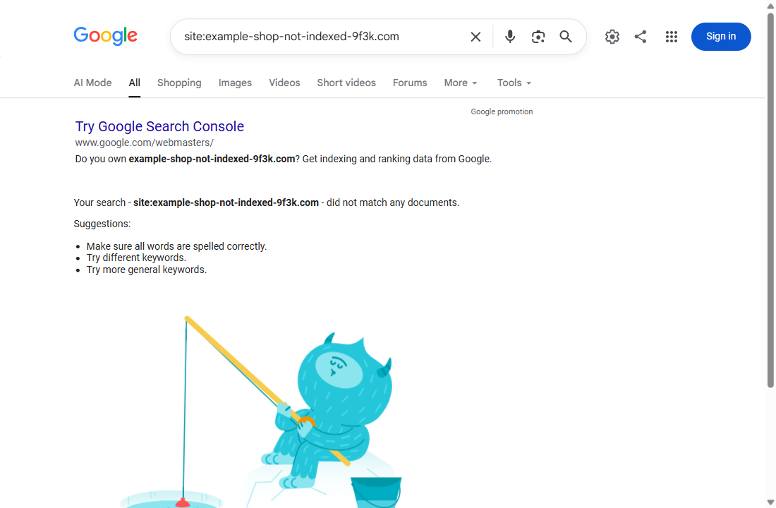 Google showing zero results for a site: search, with the message "did not match any documents"