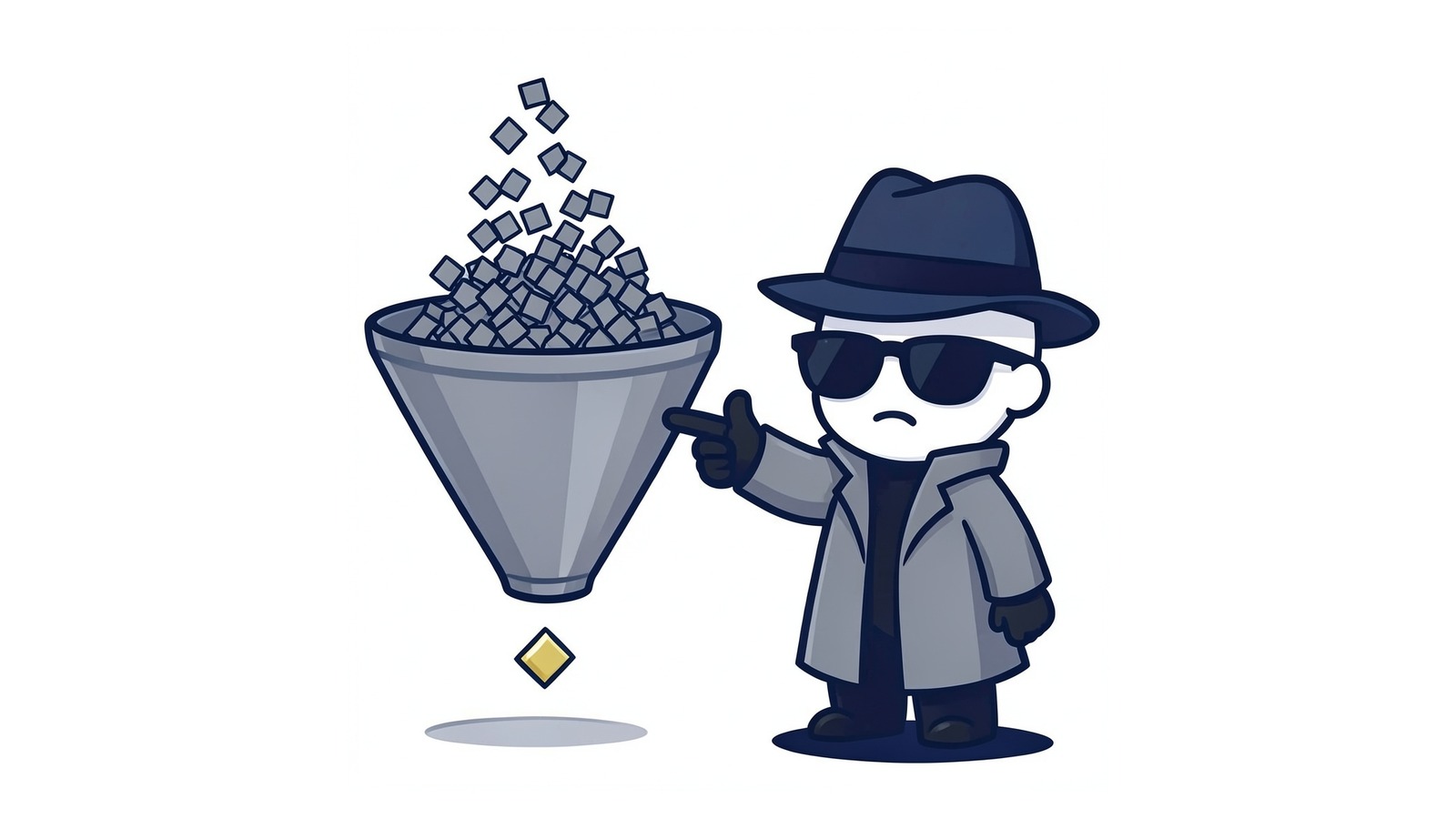 A funnel with many grey blocks pouring in and a single gold block falling out