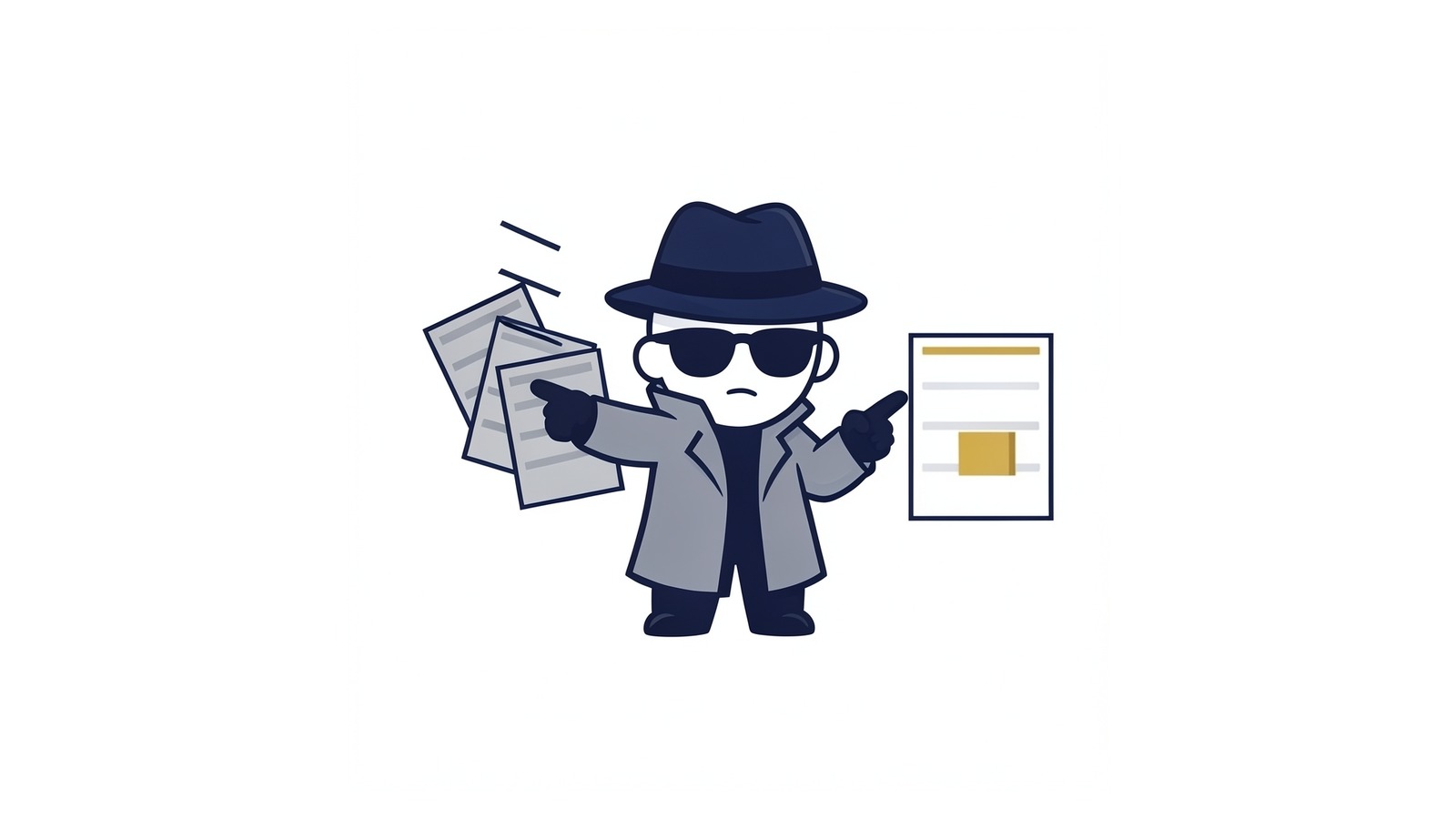 A detective pushing away three tilted document cards while pointing at a single upright card