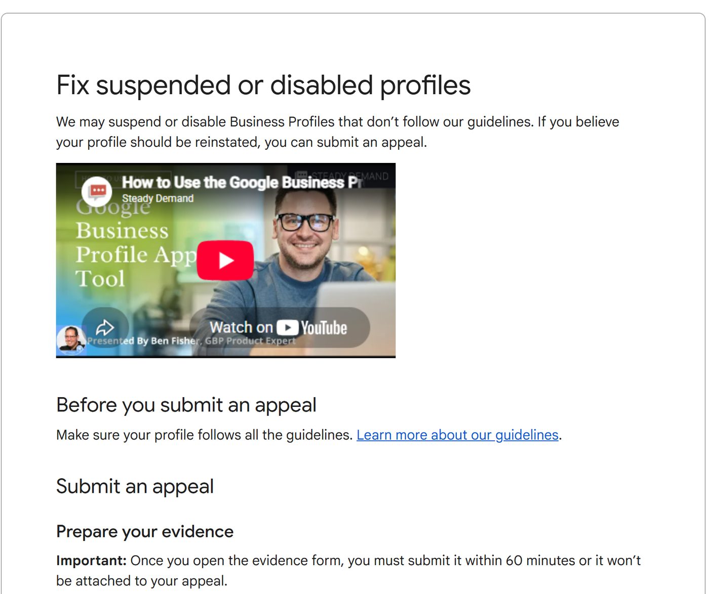 Google Business Profile Help page titled Fix suspended or disabled profiles, showing the Before you submit an appeal and Prepare your evidence sections, including the note that once you open the evidence form you must submit it within 60 minutes